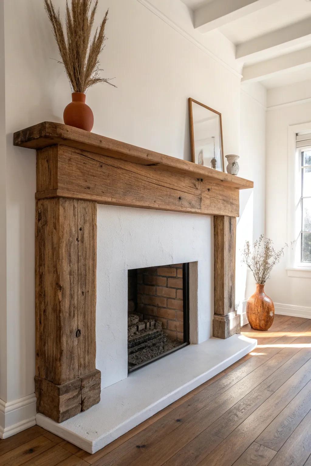 A salvaged wood mantel on a blank wall—instant faux fireplace charm with bold, cozy contrast.