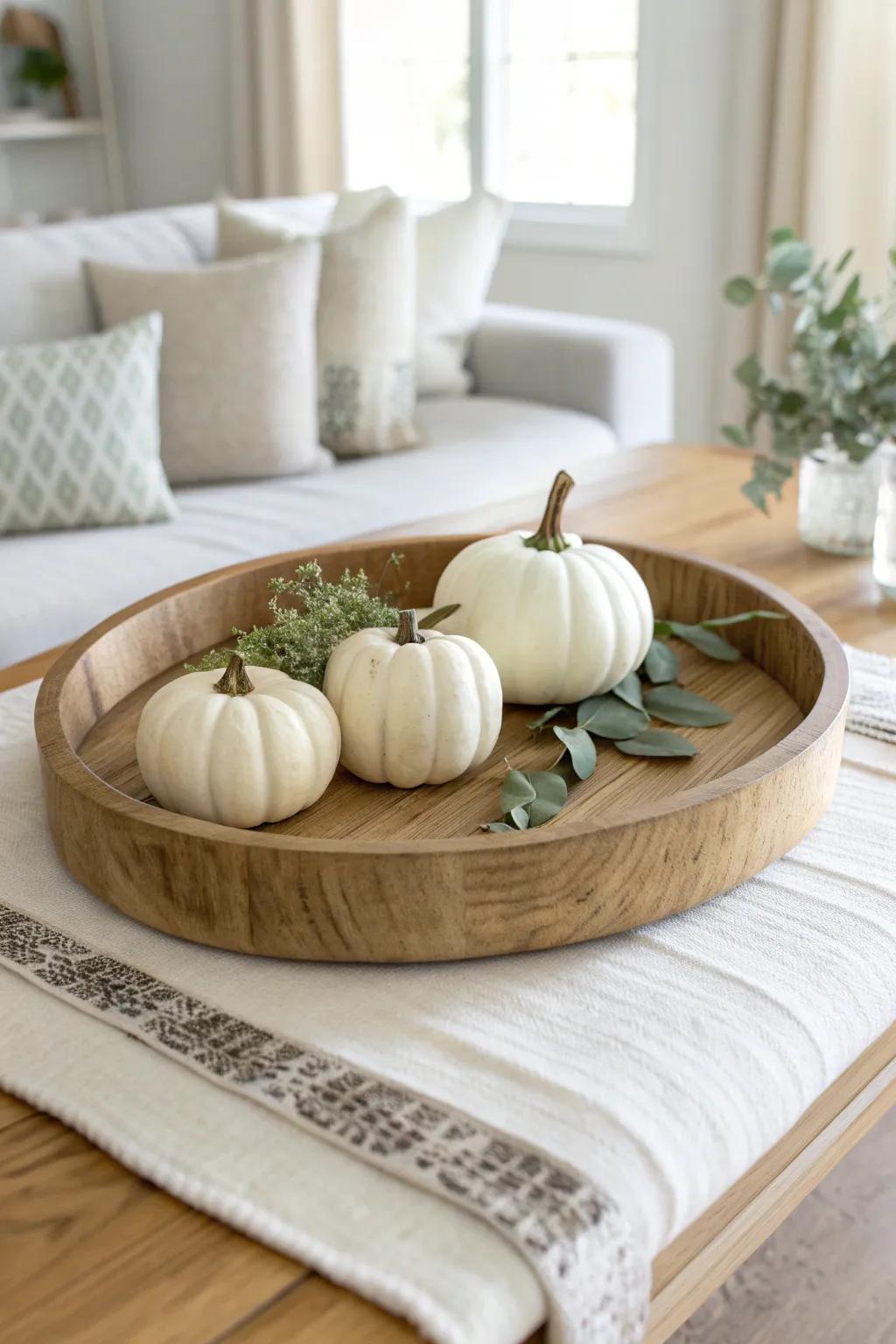 Neutral white pumpkins on a handcrafted oak tray, finished with a pop of muted greenery.