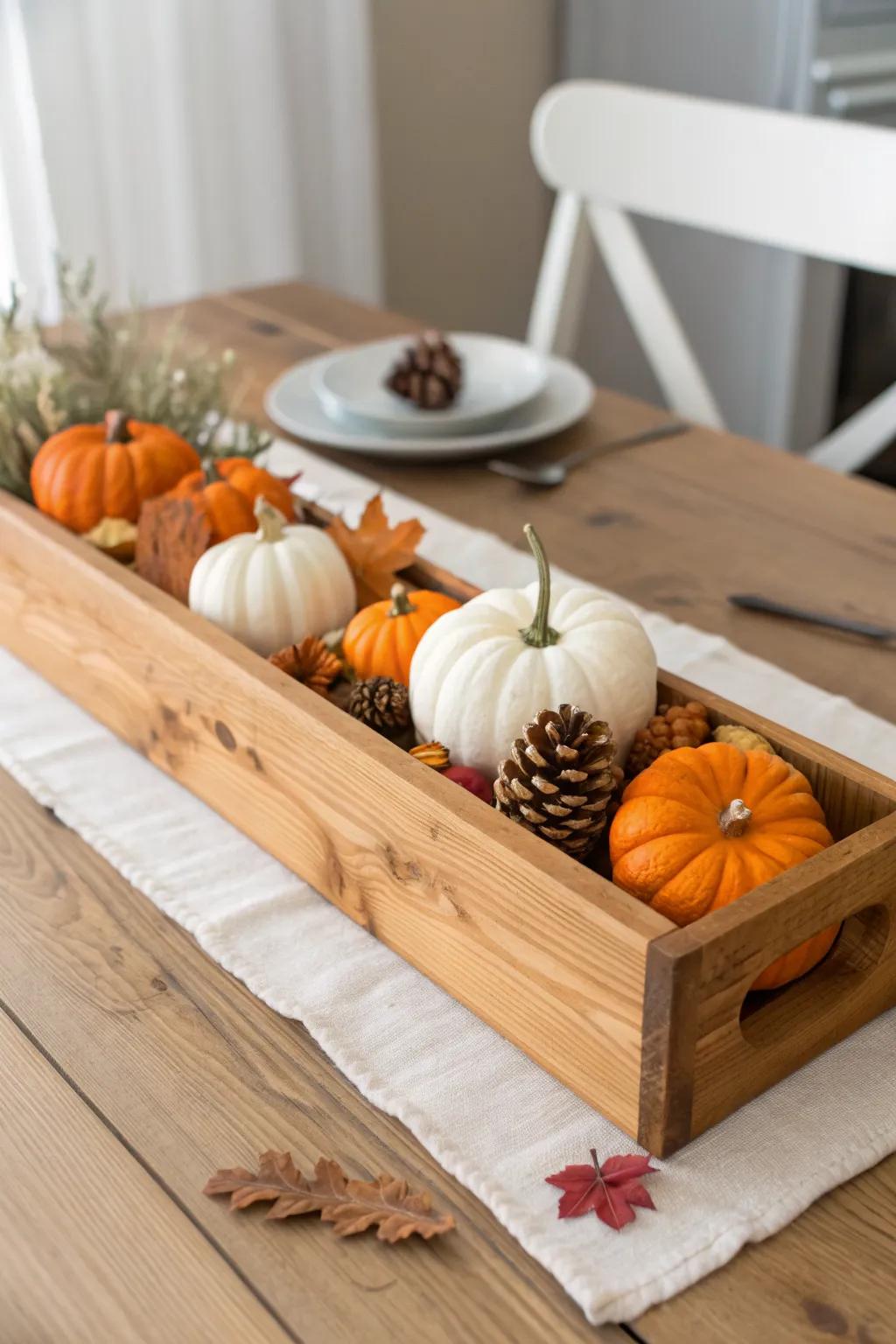 A long wooden crate runner filled with mini pumpkins brings instant fall warmth to your table.