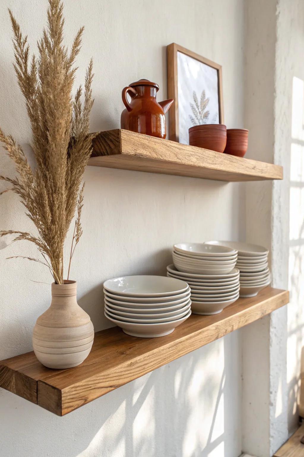 Handcrafted oak open shelf with a subtle lip—everyday dishes displayed beautifully and kid-friendly.