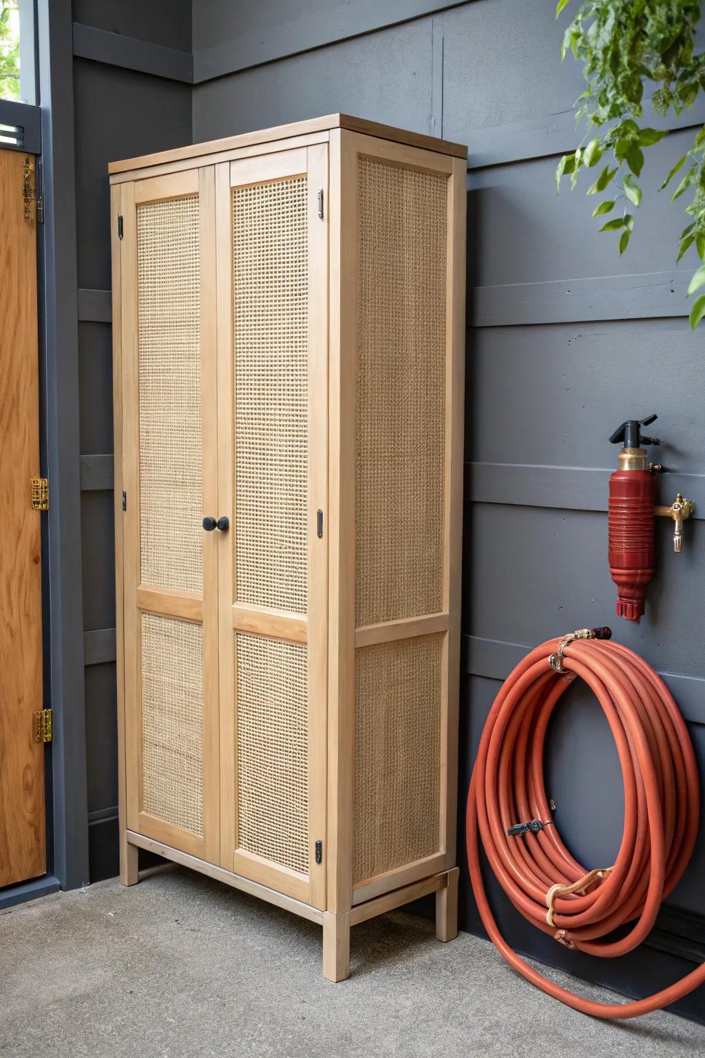 Quiet, tidy shop upgrade: a handmade compressor cabinet with a bold hose reel accent.