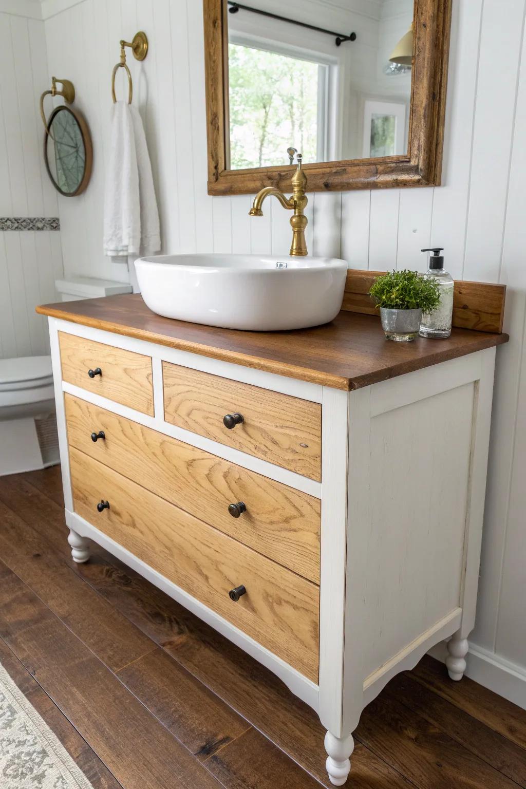 Budget farmhouse bathroom upgrade: thrifted dresser vanity with a warm wood top and brass.