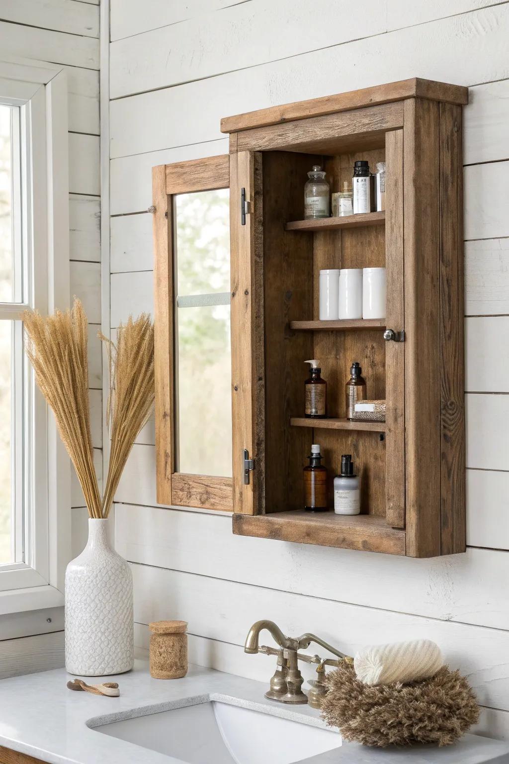 Reclaimed-wood framed mirror cabinet—farmhouse charm outside, hidden storage inside.