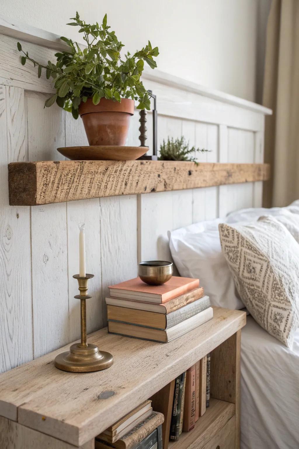 DIY scrap-wood floating shelf above the bed—simple, farmhouse cozy, and budget-beautiful.