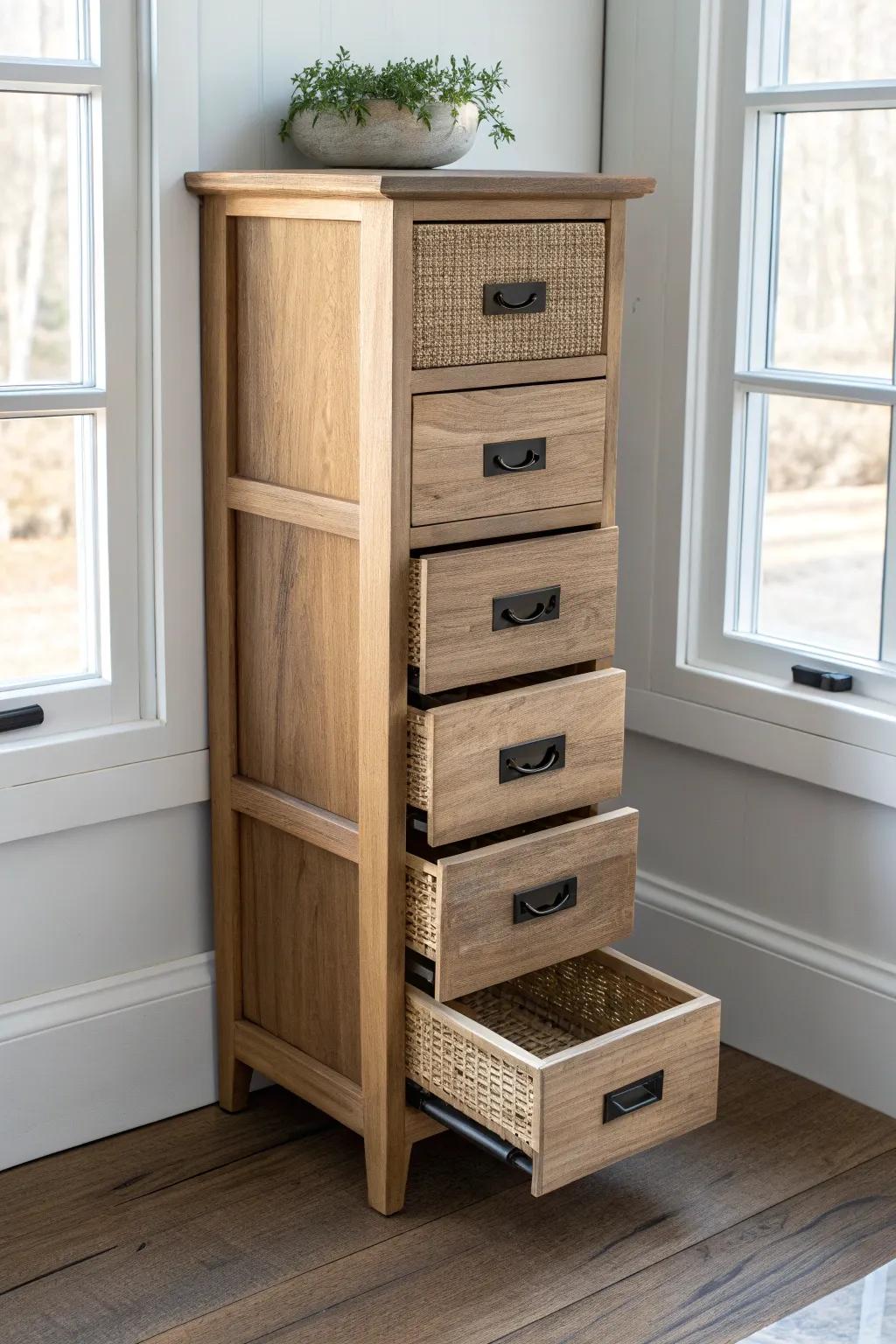 Slim farmhouse drawer tower for socks and workout basics—small closet storage that stays calm.