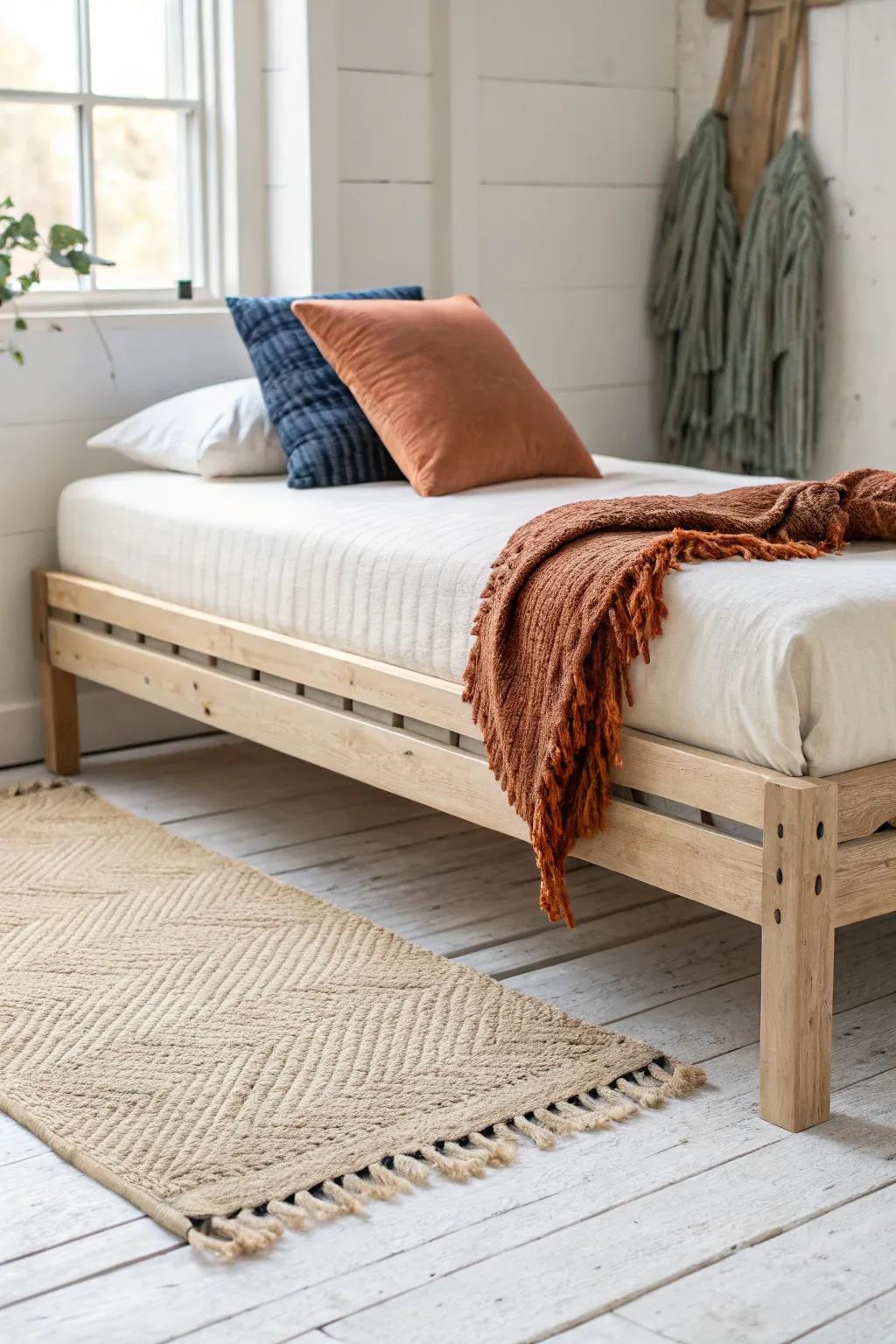 Clean pallet-inspired daybed base with cozy linen—simple lines, bold accents, farmhouse calm.