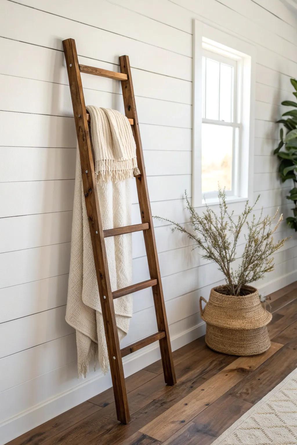 DIY blanket ladder from scrap wood—rustic stain, clean lines, cozy farmhouse style for less.