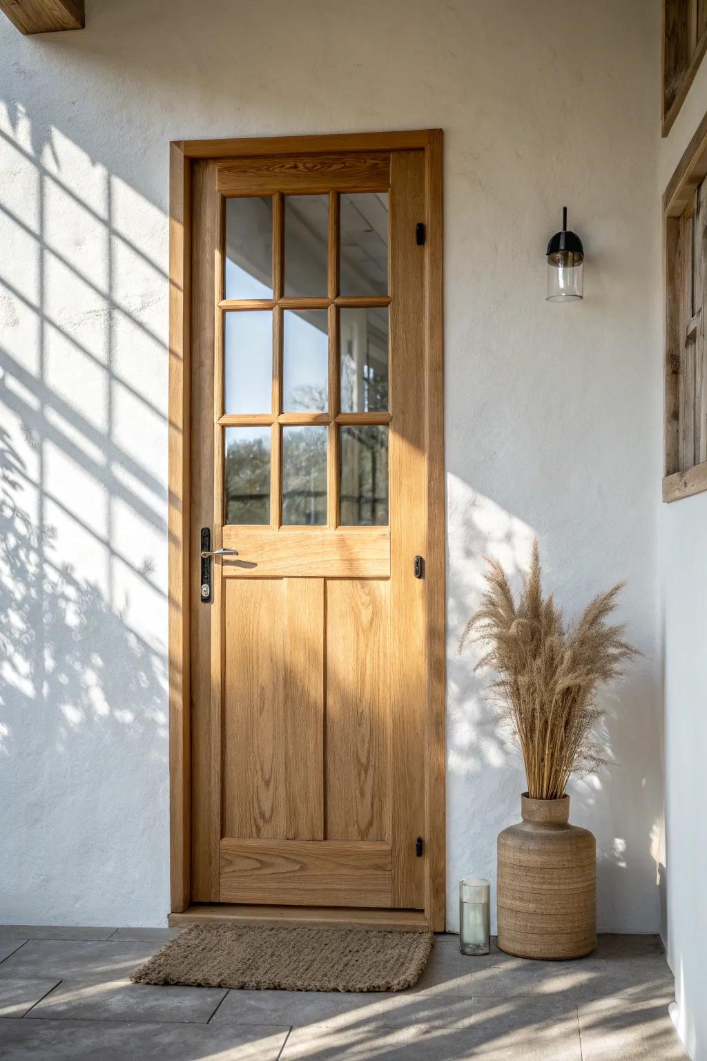 Six-lite farmhouse door in warm oak—bright glass panes above, grounded panel below.