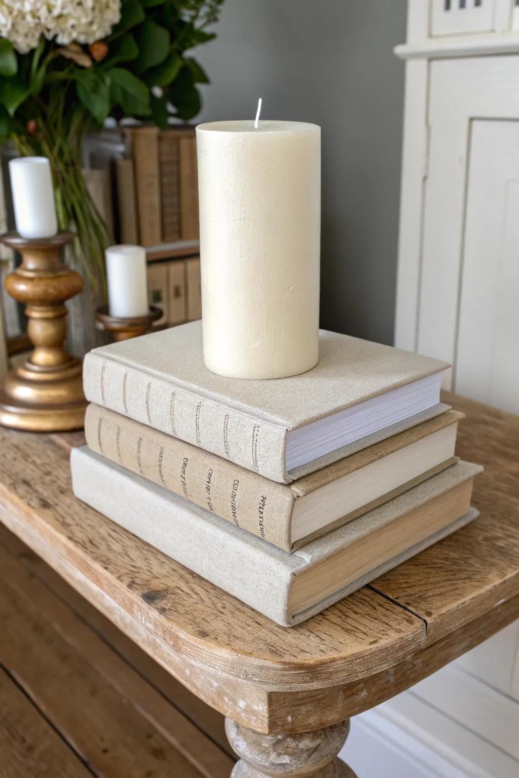 Neutral book stack = instant height—style your farmhouse entry table like a minimalist pro.