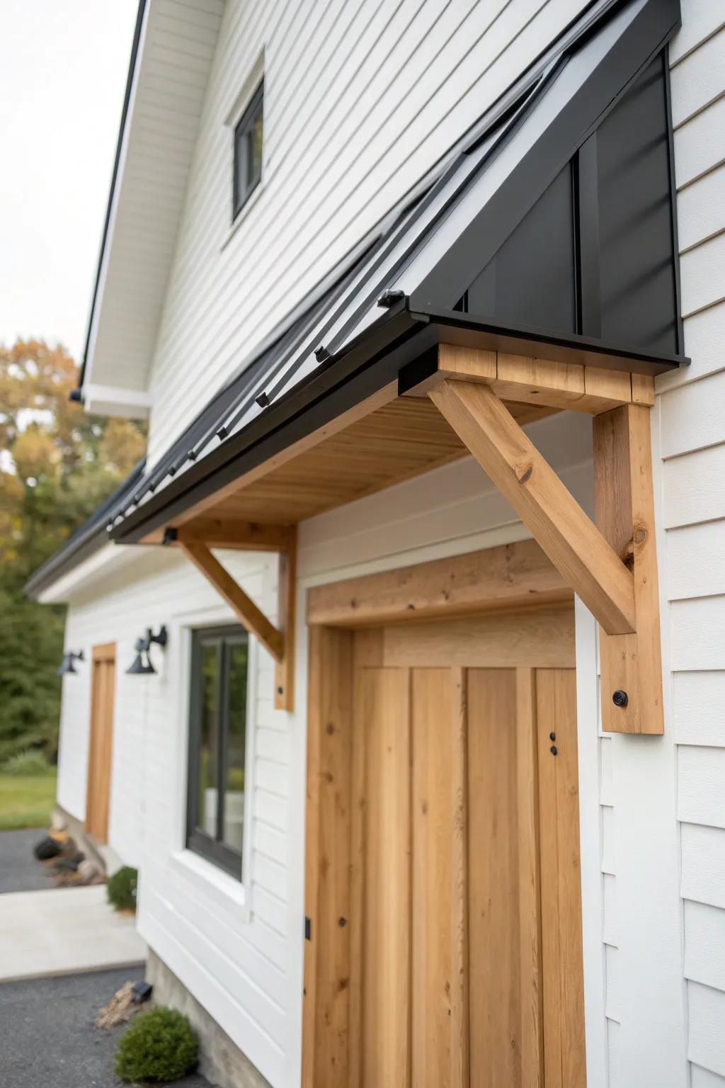 Matte black metal awning + warm wood posts—an easy modern-rustic farmhouse garage upgrade.