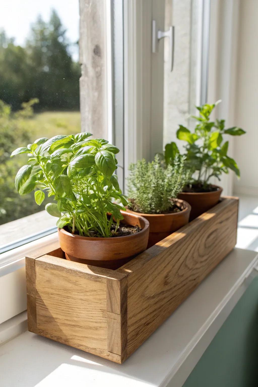 Handmade wooden herb planter on the sill—fresh farmhouse charm right above the sink.