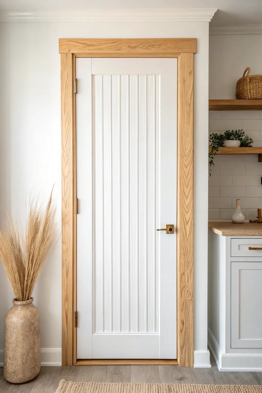 Cottage beadboard pantry door with oak rail and chunky brass handle—simple, textured farmhouse charm.