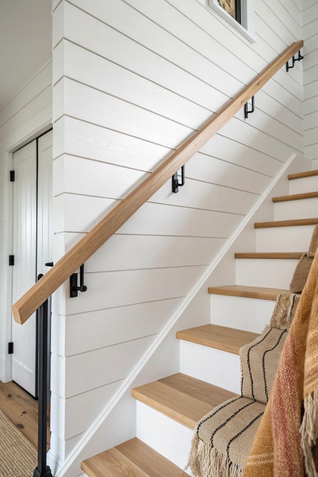 Clean oak rail against crisp white shiplap—simple lines, big farmhouse impact.