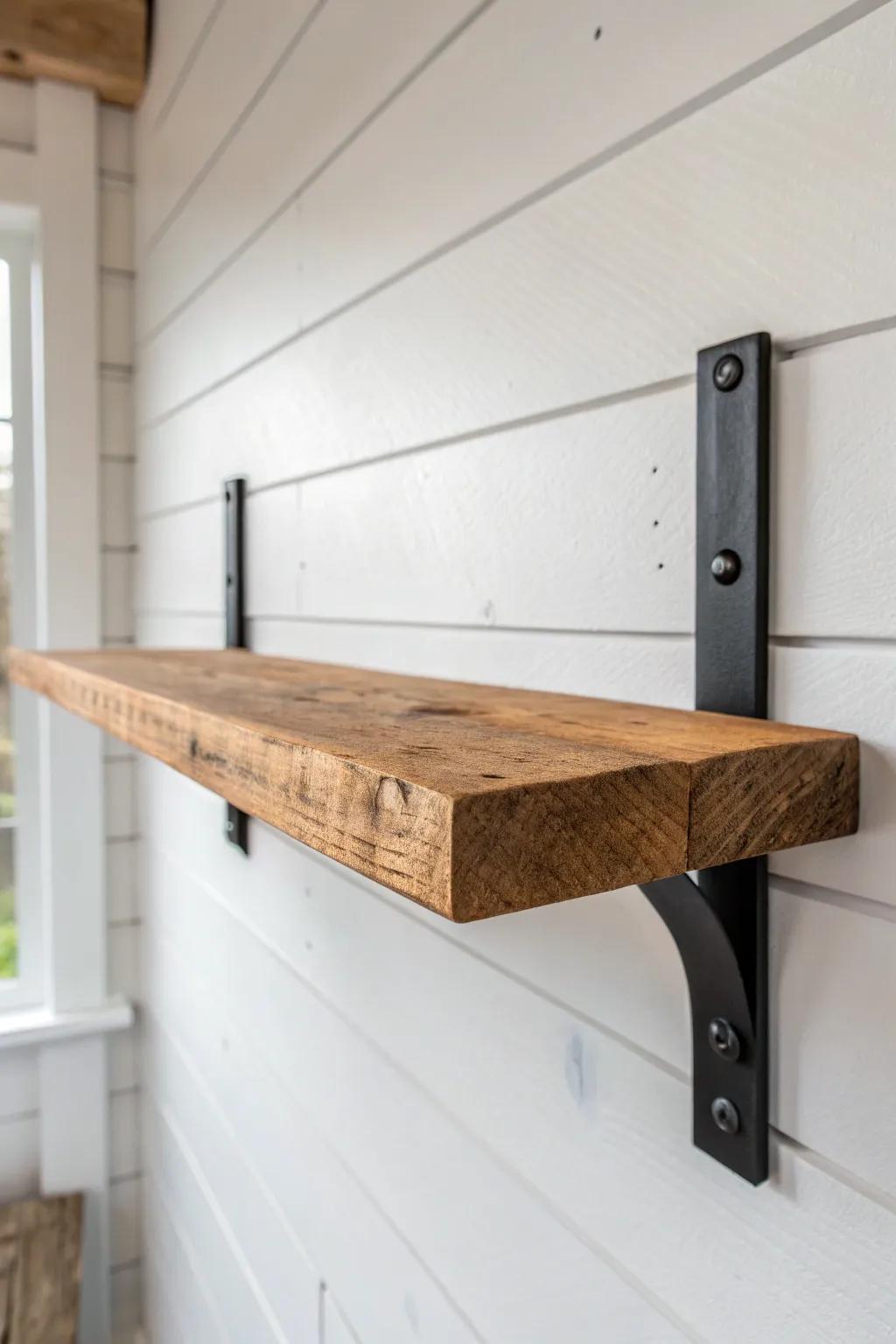 Thick oak + matte black brackets: the classic farmhouse shelf look with crisp, cozy contrast.