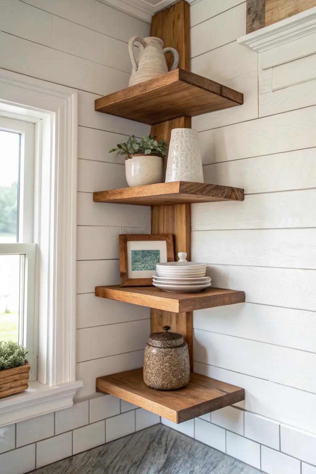 Three short farmhouse corner shelves—simple reclaimed wood with bold terracotta contrast.