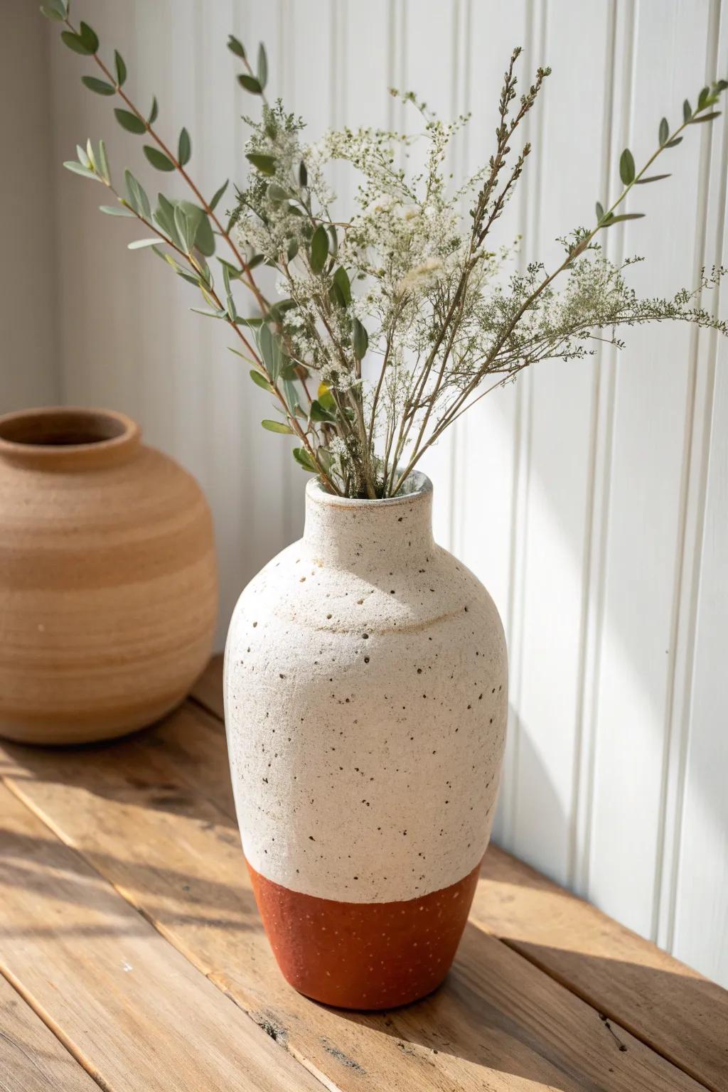 A two-tone clay vase with seeded greenery—simple, collected, and effortlessly farmhouse.