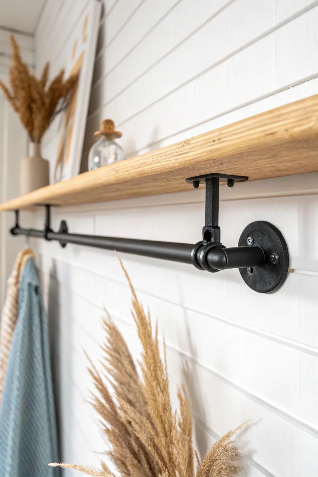 Matte black closet rod + oak shelf: the quickest farmhouse refresh with crisp modern contrast.