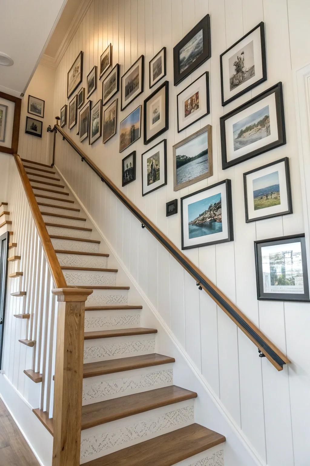 Staircase gallery wall: matching frames, varied sizes, perfectly spaced for farmhouse charm.