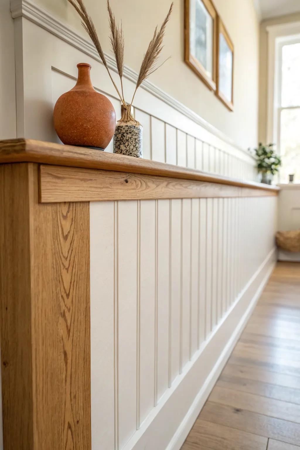Turn wainscoting into a styling shelf with a slim oak ledge—simple, custom farmhouse charm.