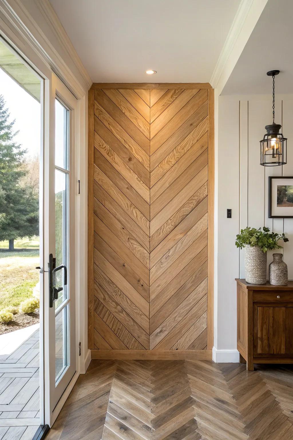 Bold chevron planks in warm oak and walnut turn a blank wall into the entryway’s main event.