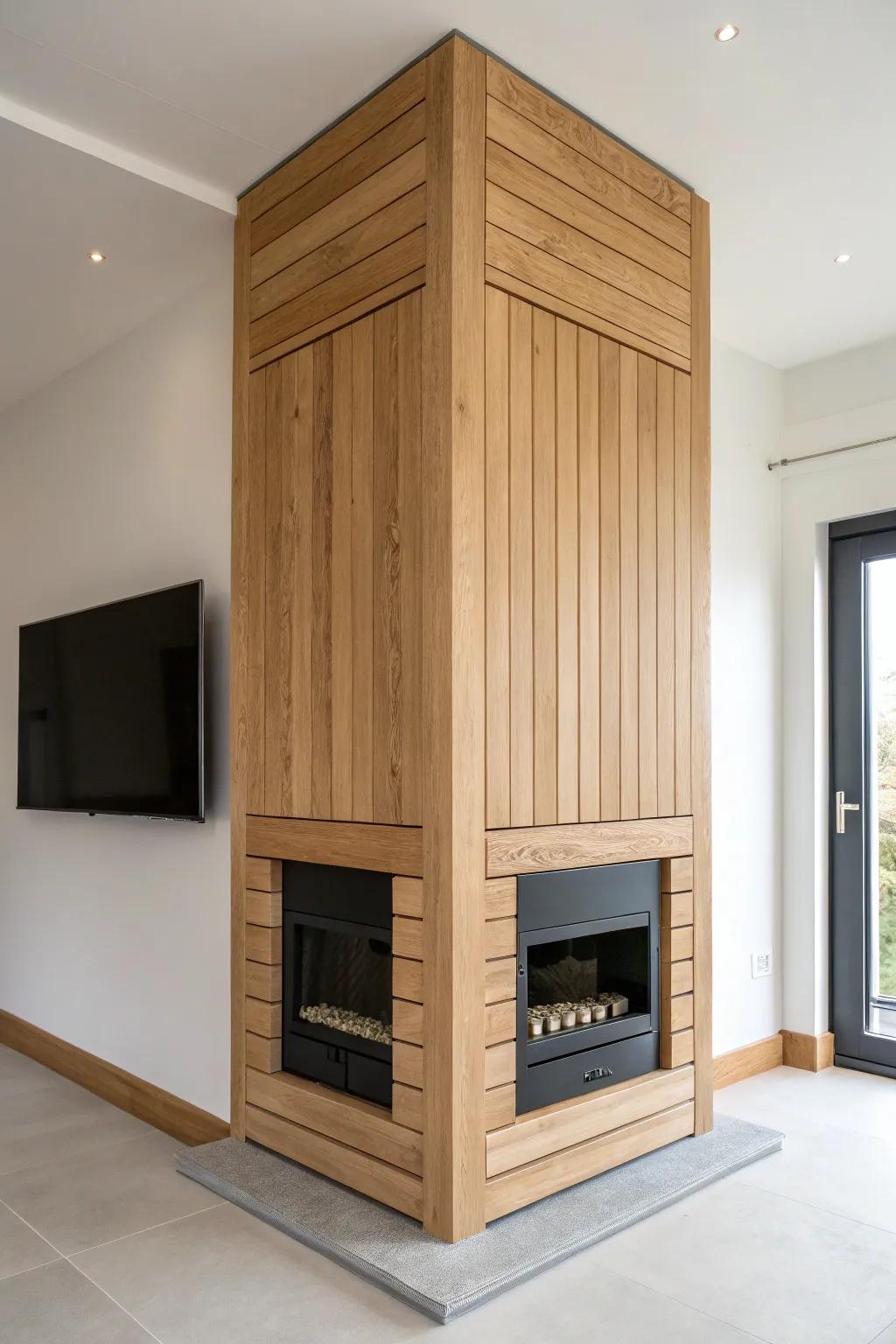 A perfectly centered TV-and-fireplace stack in oak—clean lines, hidden wires, bold contrast.