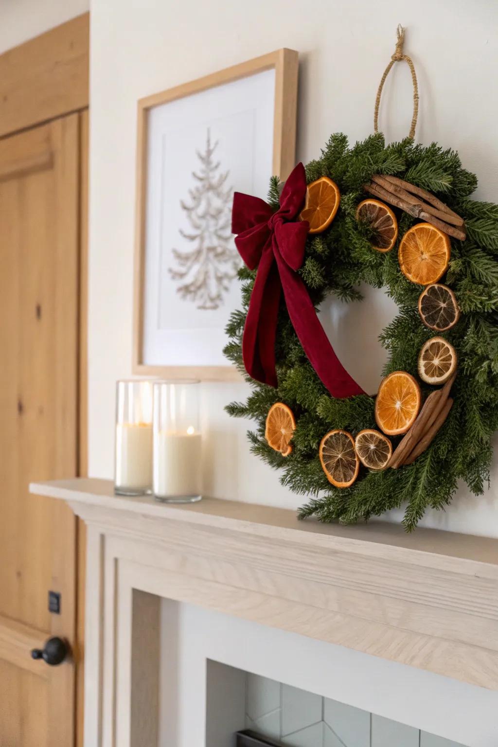 Keep your mantel art up—add instant holiday charm by layering a wreath over the frame.