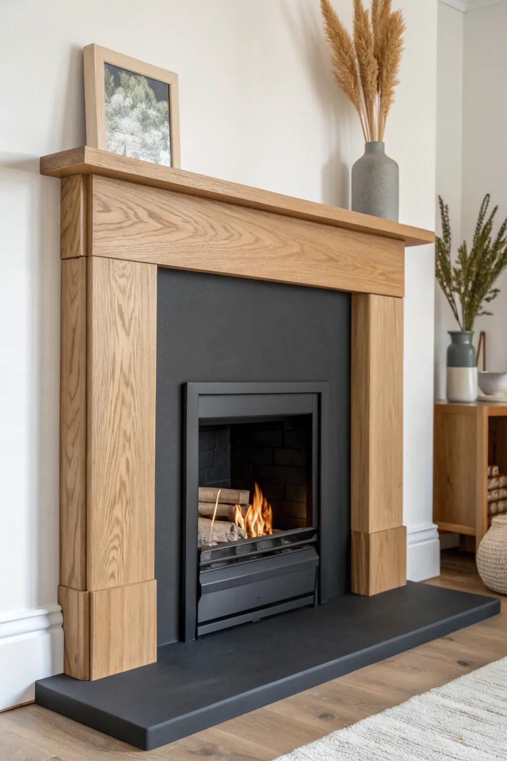 Moody matte-black fireplace facade with a light oak mantel—instant contrast and drama.