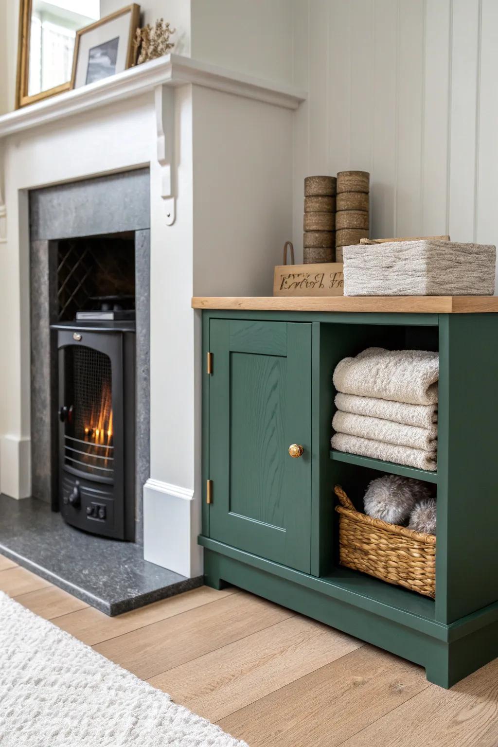 Built-in base cabinet beside the fireplace—sleek storage for blankets and game-night essentials.