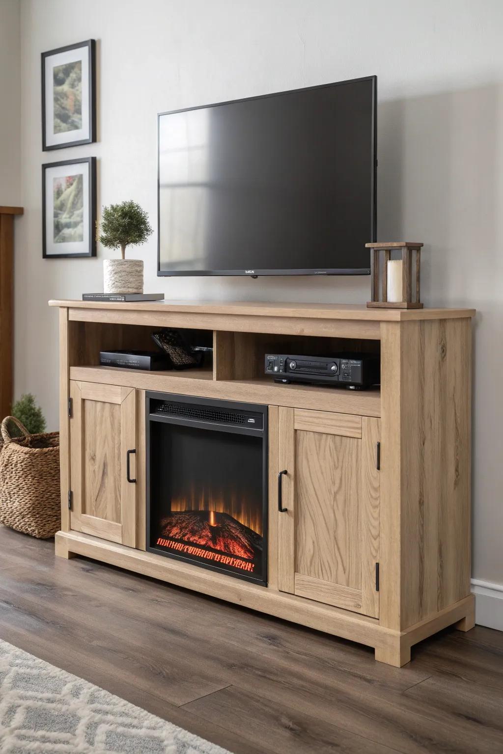 Budget built-in magic: fireplace TV stand framed by matching side bookcases for a custom look