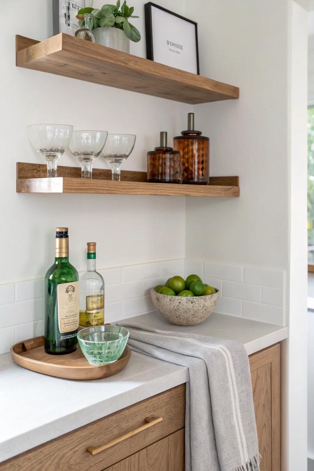 Compact floating shelf bar with two oak shelves and a tray—minimal, bold, and beautifully functional.