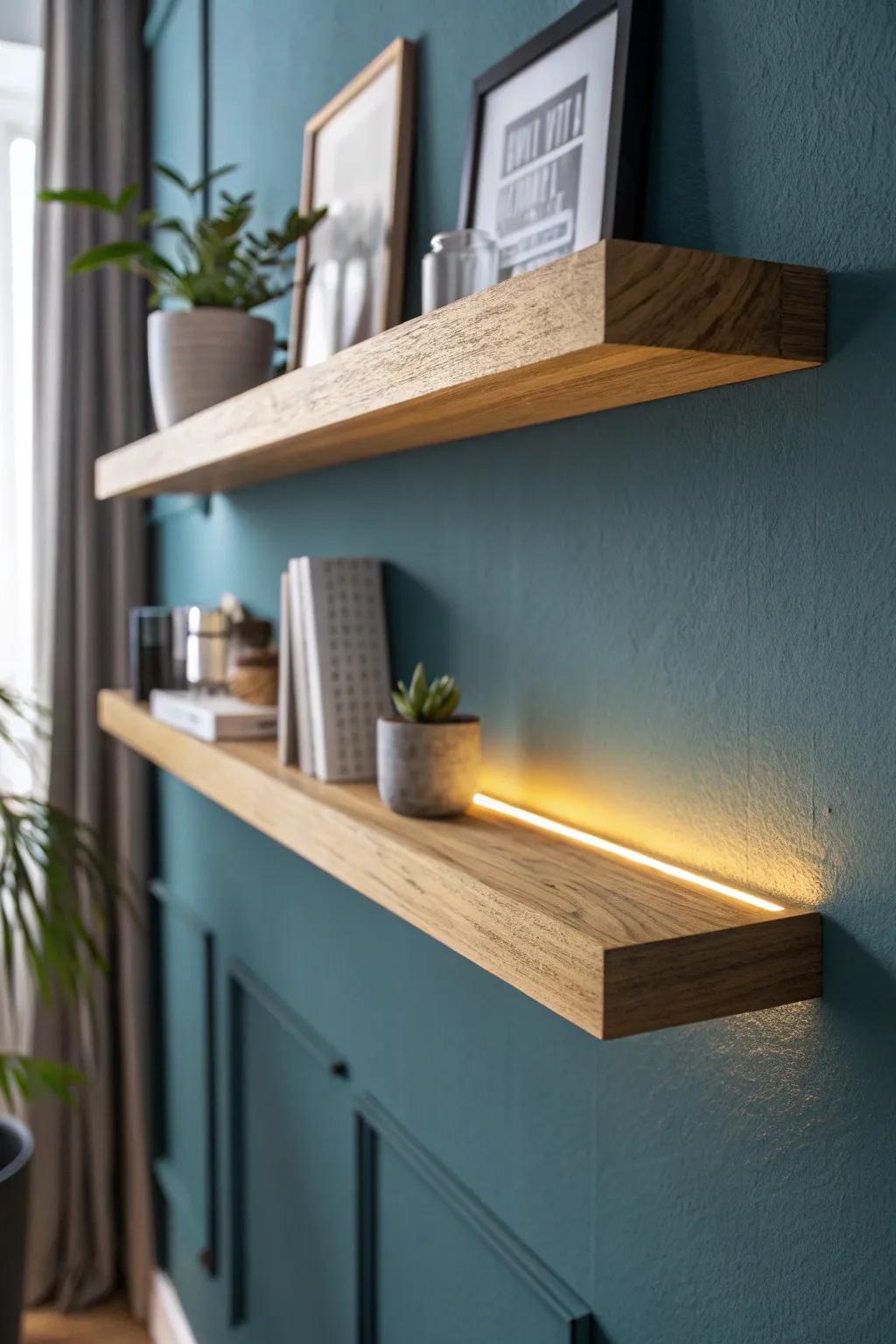 Dimmable floating shelf glow: bright for daytime styling, warm and low for cozy evenings.