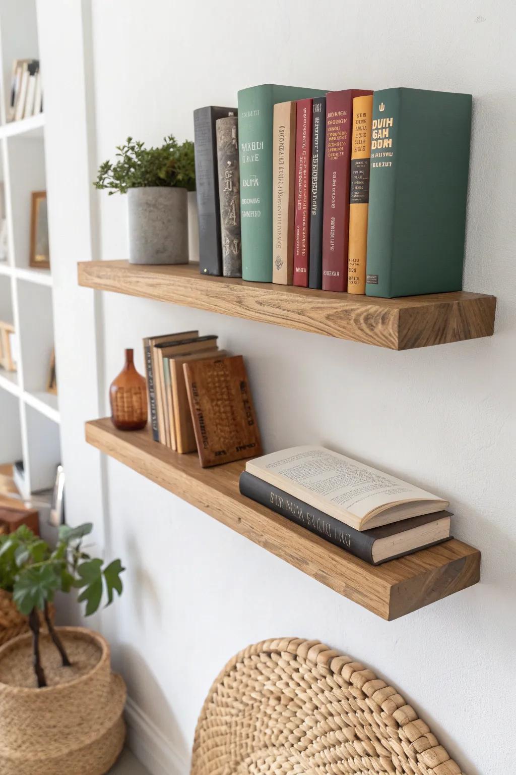 Deep, beefy floating shelf built for heavy reference books—bold spines, clean Scandinavian calm.