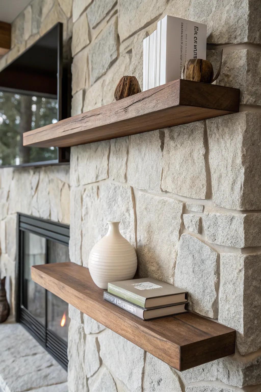 Dark walnut floating shelves pop against stone—simple lines, warm grain, rich contrast.