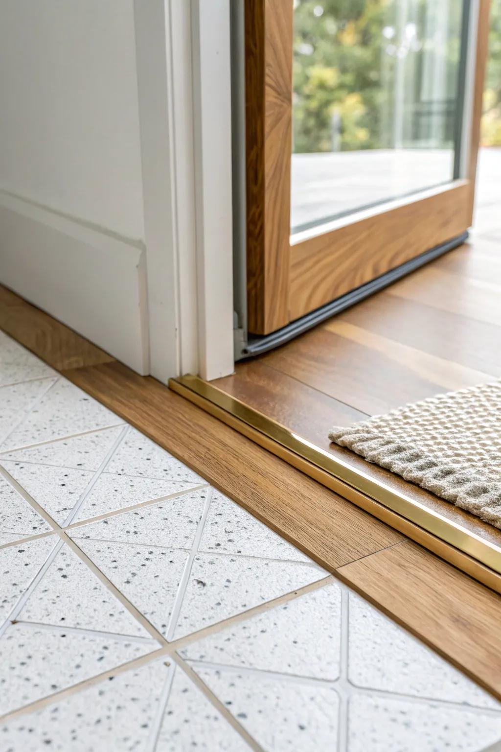 Crisp brass-edge threshold: the cleanest way to blend warm wood flooring into tile.