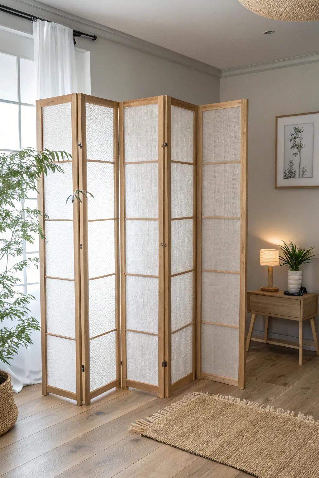 A light-filled wood frame divider with translucent panels—privacy without losing the glow.