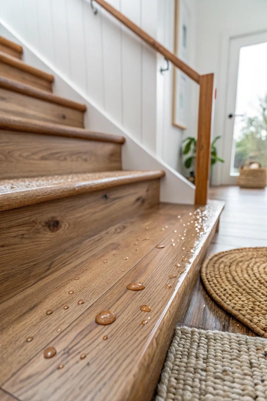 Waterproof vinyl plank on stairs—wood-look beauty that laughs at rainy-day puddles.
