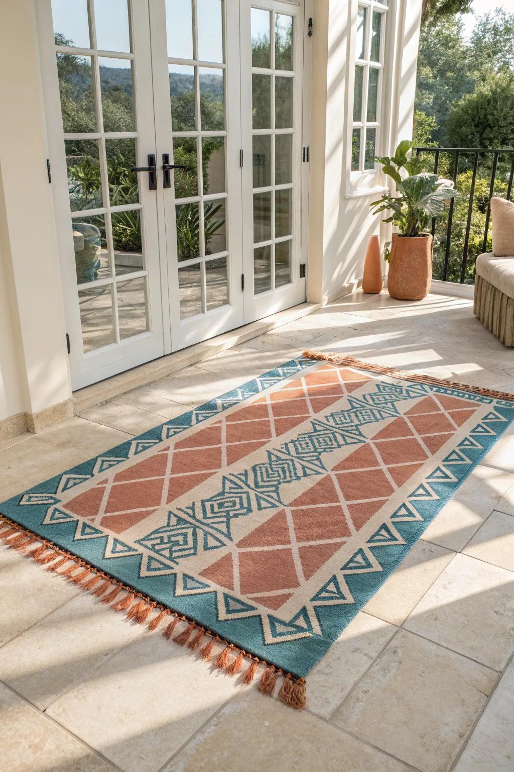 Layer a bold indoor-outdoor rug on easy-clean tile for a cozy Florida room sunroom zone.