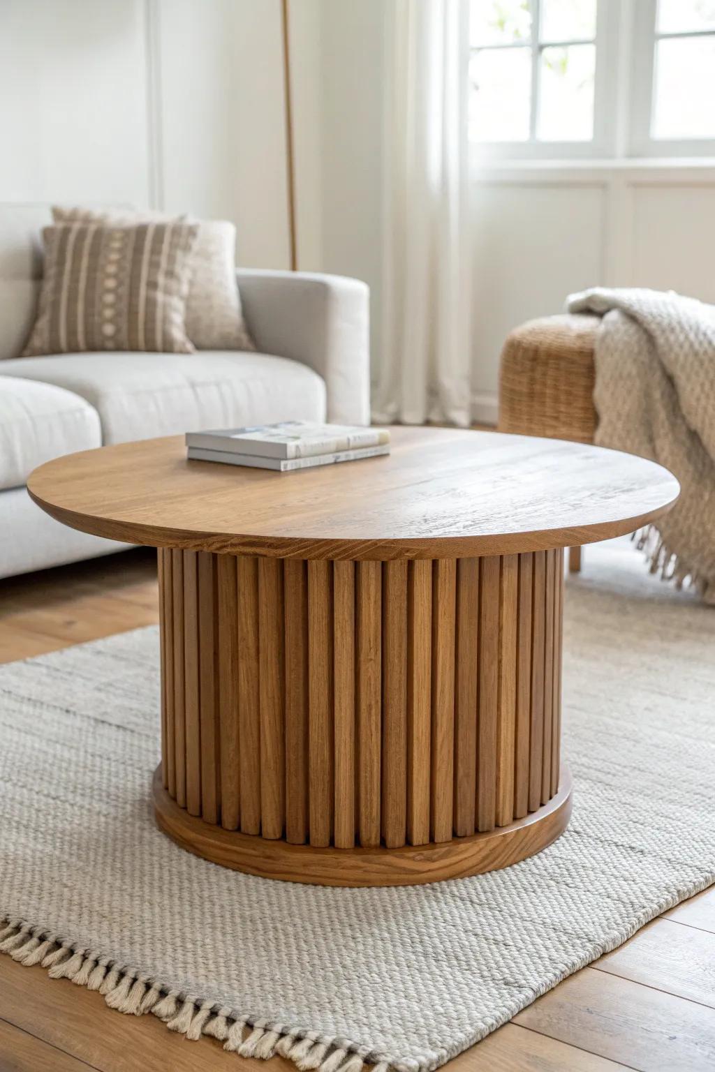 Seamless full-wrap fluting: perfectly spaced slats for a custom, uninterrupted coffee table glow.