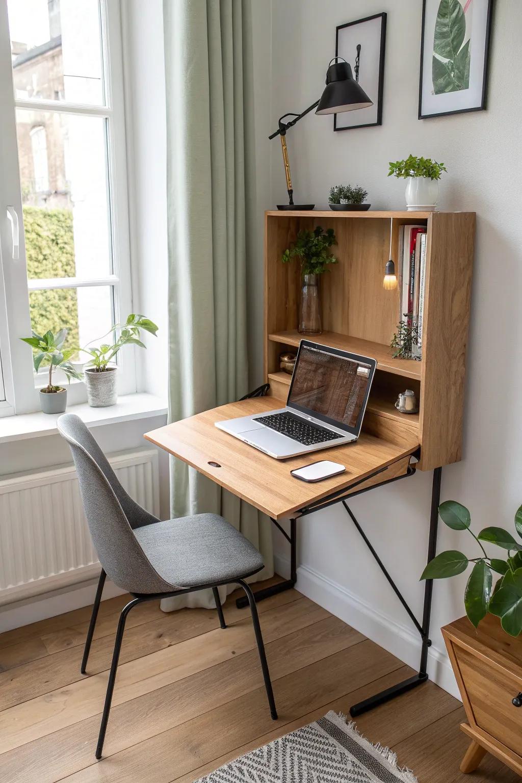 A bright window nook fold-down desk in warm wood—minimal, functional, and beautifully crafted.