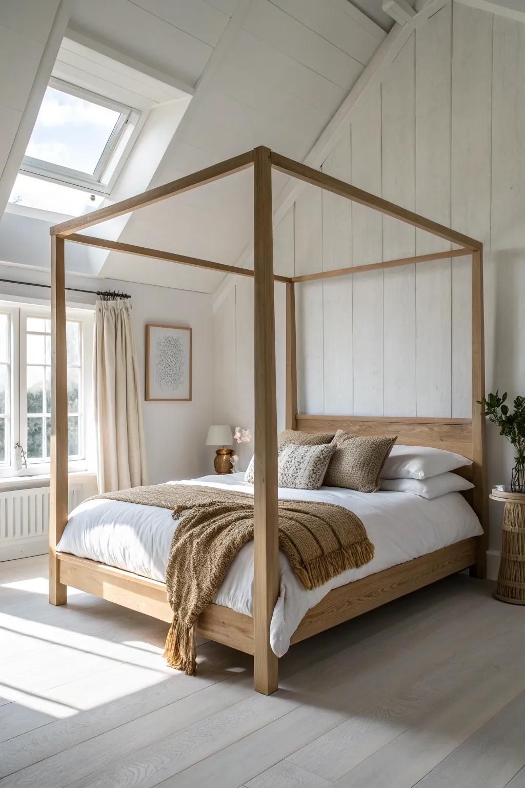 Bare oak four-poster + layered neutral linens for a luxe, airy Scandinavian look
