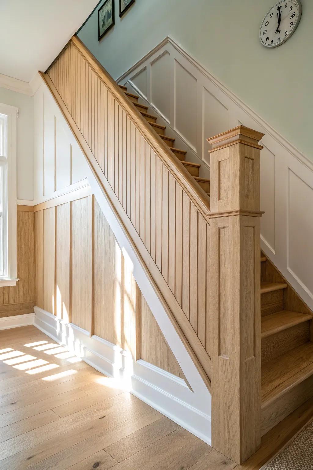 Raked wainscoting that follows the stair angle—clean, custom, and warmly Scandinavian.
