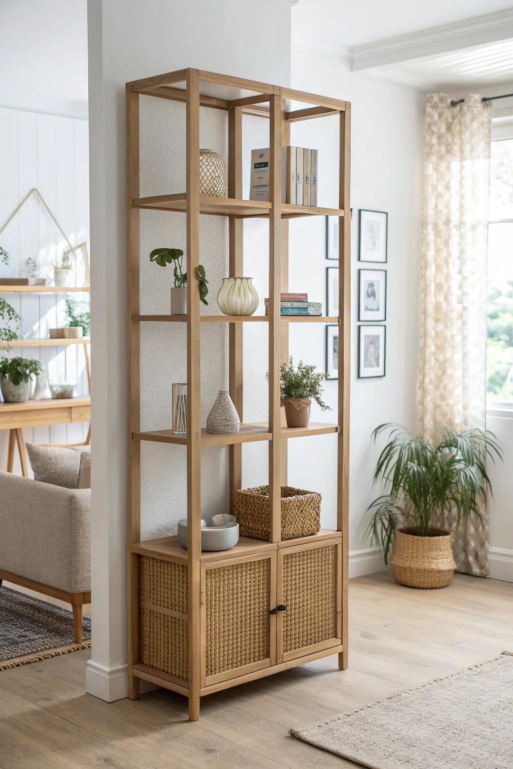 Open-back shelves that divide a room while keeping it bright, airy, and beautifully balanced.