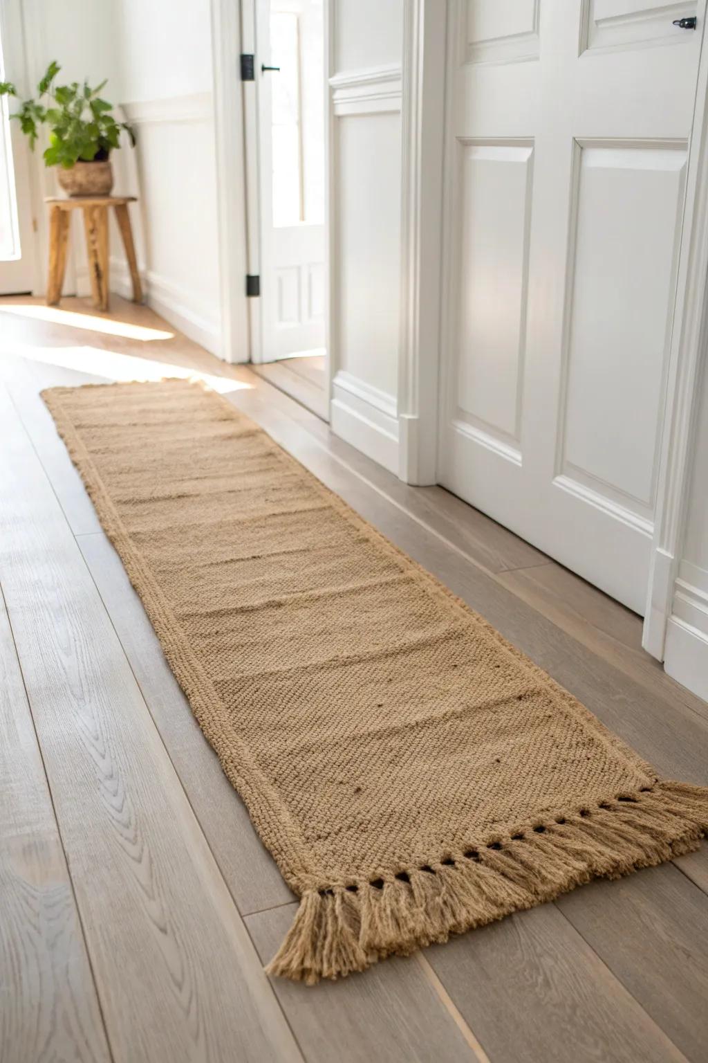 A woven jute runner brings effortless French country charm—natural texture, clean lines, bold contrast.