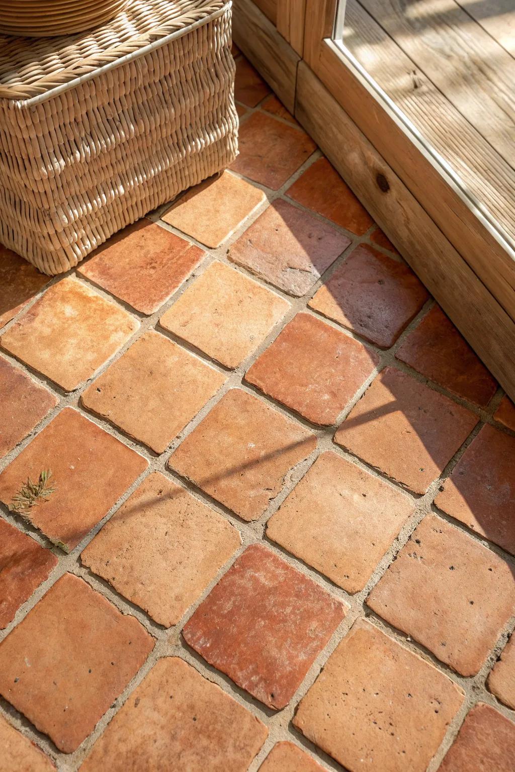 Sunlit terracotta tiles in a classic grid—French country warmth, Scandinavian simplicity.