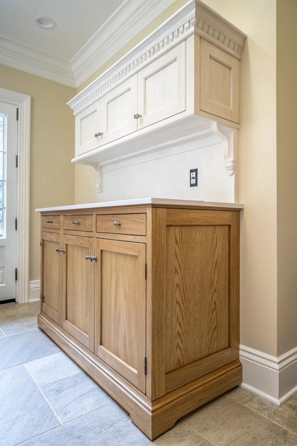 Crown molding + furniture-style toe kicks make budget cabinets look custom and French-built.