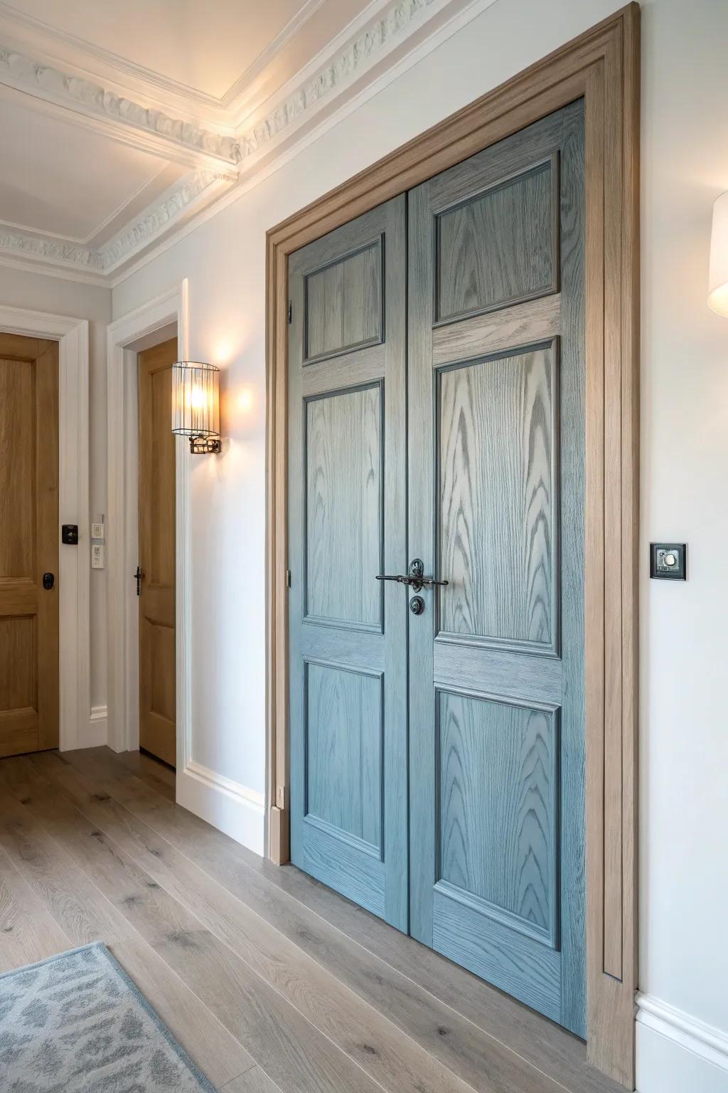 Blue-gray French door that changes with daylight—cool by morning, warm and cozy by lamp light.