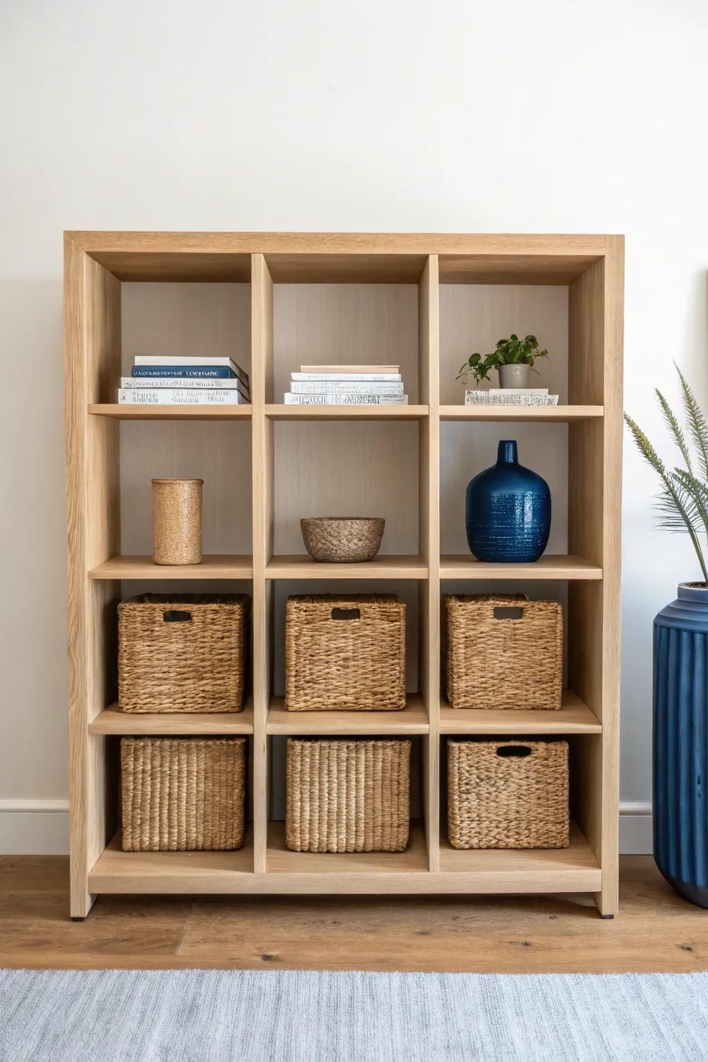 Open shelving like a gallery: warm wood, clean grid lines, and a few bold accents.