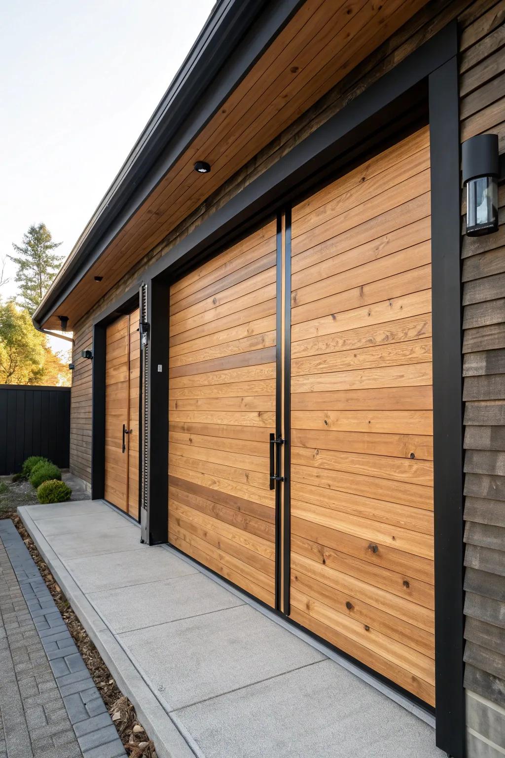 Instant texture upgrade: warm wood planks over a garage door for cozy, modern curb appeal.