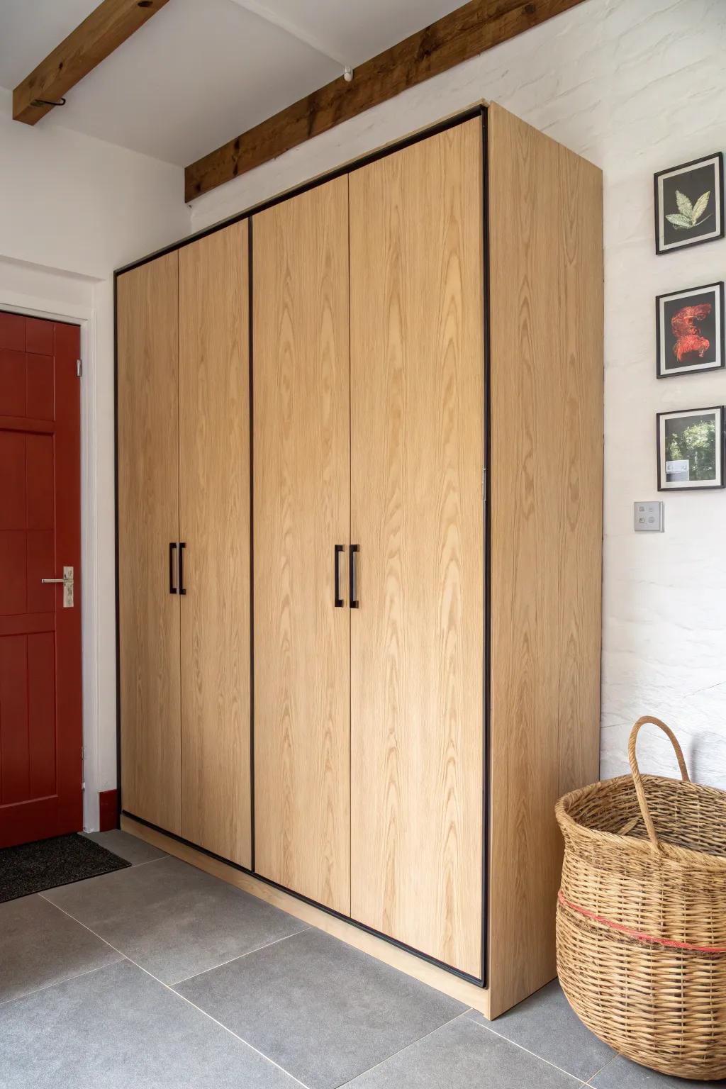 Closed built-in wood cabinets create a clean “rec room” wall and hide every bit of clutter.
