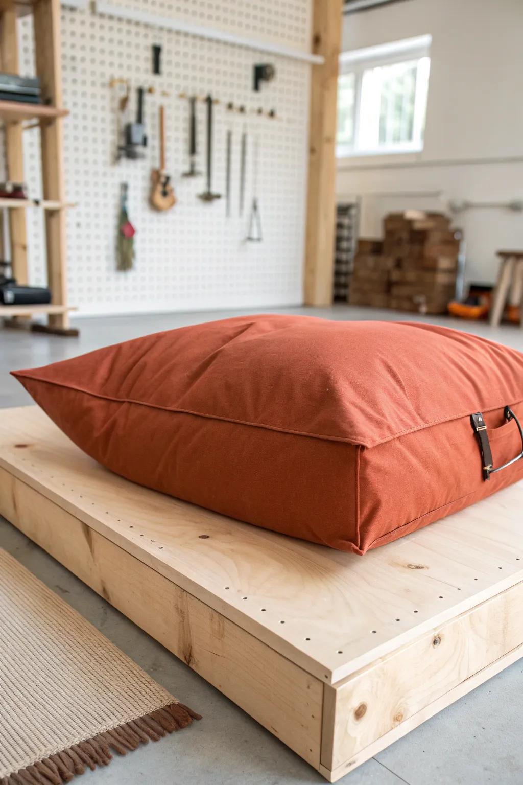 Bold terracotta floor lounger—wipeable, movable, and perfect for relaxed garage seating.